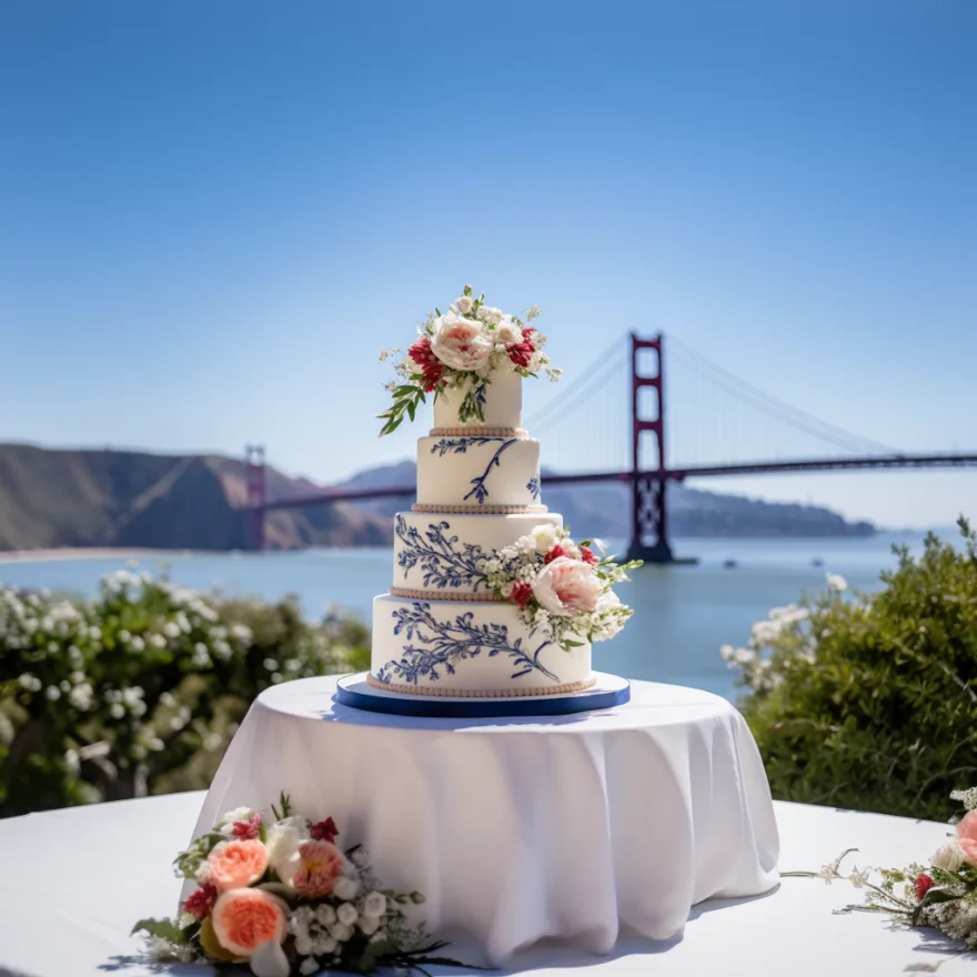 Four-tier white cake with blue painted botanicals and fresh flowers, the Golden Gate Bridge behind